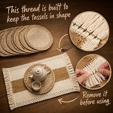 Handmade Boho Placemats Set of 6 Cotton Burlap Water Straw Woven Farmhouse Dining Table Mats