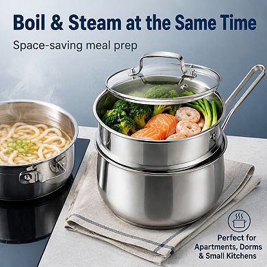 2.5qt Stainless Steel Saucepan With Steamer Basket Glass Lid Induction Compatible Multi Purpose