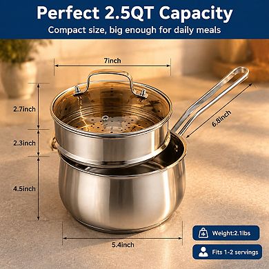 2.5qt Stainless Steel Saucepan With Steamer Basket Glass Lid Induction Compatible Multi Purpose