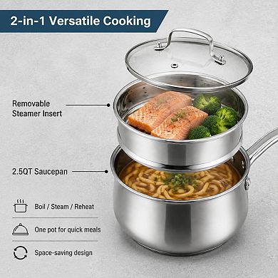 2.5qt Stainless Steel Saucepan With Steamer Basket Glass Lid Induction Compatible Multi Purpose