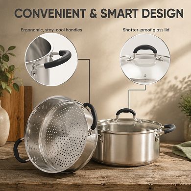 5 Qt 2 Tier Stainless Steel Steamer Pot With Glass Lid And Stay Cool Handles