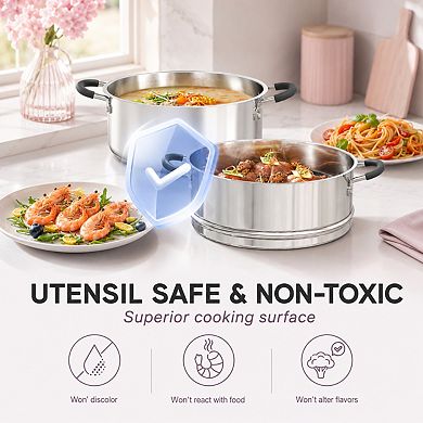 5 Qt 2 Tier Stainless Steel Steamer Pot With Glass Lid And Stay Cool Handles