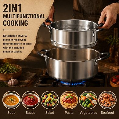 5 Qt 2 Tier Stainless Steel Steamer Pot With Glass Lid And Stay Cool Handles