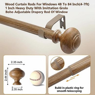 1 Inch Heavy Duty Adjustable Curtain Rod Imitation Grain Finials Wood Look Decorative Drapery Rod