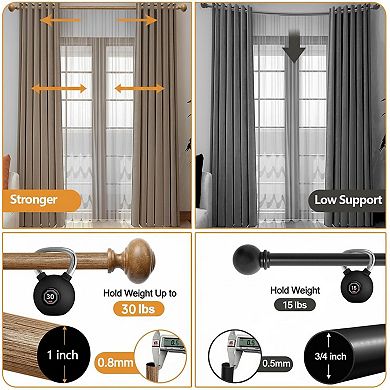 1 Inch Heavy Duty Adjustable Curtain Rod Imitation Grain Finials Wood Look Decorative Drapery Rod