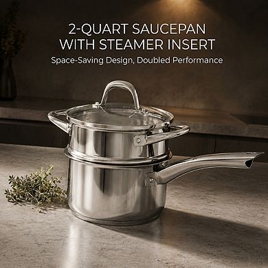 2 Qt Stainless Steel Saucepan with Steamer Basket Glass Lid Stay Cool Handle