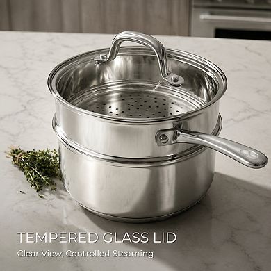 2 Qt Stainless Steel Saucepan with Steamer Basket Glass Lid Stay Cool Handle