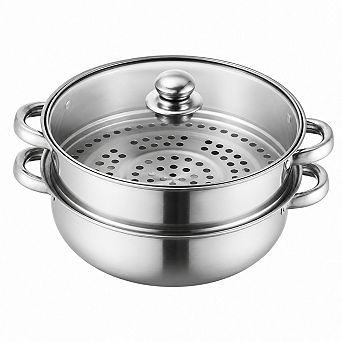 2 tier Stainless Steel Steamer Pot Set With Visible Glass Lid Multipurpose Cookware