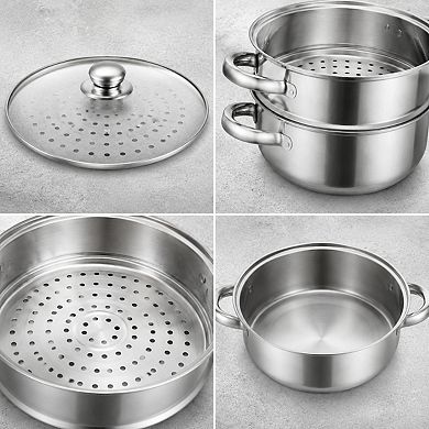 2 Tier Stainless Steel Steamer Pot Set With Visible Glass Lid Multipurpose Cookware