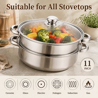 2 Tier Stainless Steel Steamer Pot Set With Visible Glass Lid Multipurpose Cookware