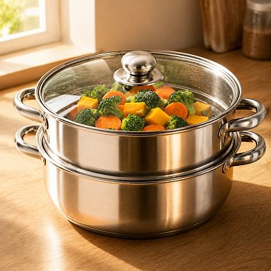 2 Tier Stainless Steel Steamer Pot Set With Visible Glass Lid Multipurpose Cookware