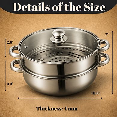2 Tier Stainless Steel Steamer Pot Set With Visible Glass Lid Multipurpose Cookware