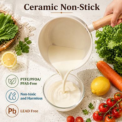 2 Quart Ceramic Nonstick Sauce Pan With Lid Wooden Handle Universal Cookware