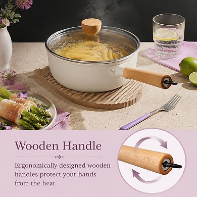 2 Quart Ceramic Nonstick Sauce Pan With Lid Wooden Handle Universal Cookware