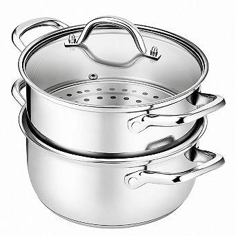 Stainless Steel Steamer Pot 3 Layer Bottom Multi use Cookware With Steaming Basket