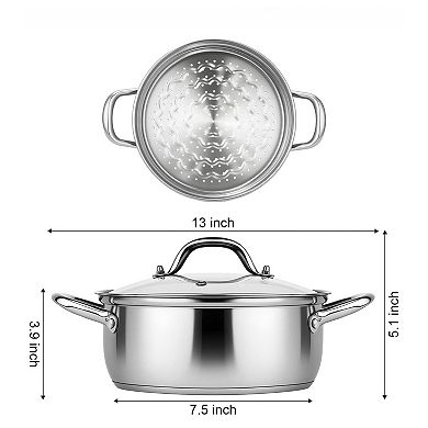 Stainless Steel Steamer Pot 3 Layer Bottom Multi use Cookware With Steaming Basket