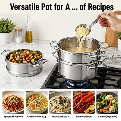 Stainless Steel Steamer Pot 3 Layer Bottom Multi use Cookware With Steaming Basket