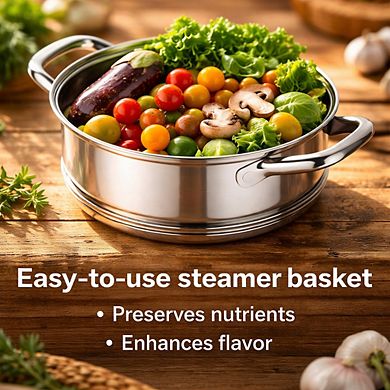 Stainless Steel Steamer Pot 3 Layer Bottom Multi use Cookware With Steaming Basket