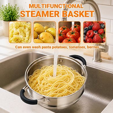 3.2qt Stainless Steel Steamer Pot With Basket Silicone Handle Lid Multi Use Cookware