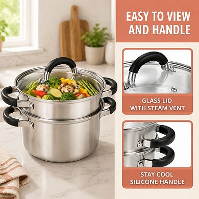 3.2qt Stainless Steel Steamer Pot With Basket Silicone Handle Lid Multi Use Cookware