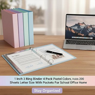 1 Inch 3 Ring Binder 4 Pack Pastel Holds 200 Letter Sheets With Pockets For School Office Home