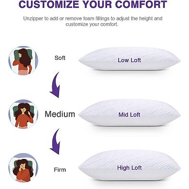 Cooling Pillows Queen Size Set of 2,Memory Foam Pillows with Zipper,Adjustable Firmness for Sleeping