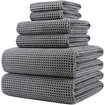 430 GSM Microfiber Quick Dry Lint Free Oversize Bath Towel Set, 6 pc (Waffle Weave)