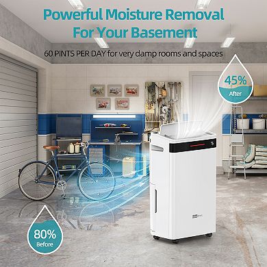 60 pt. 4500 sq. ft. Portable Dehumidifier with Bucket in. White with Drainage Hose, Child lock