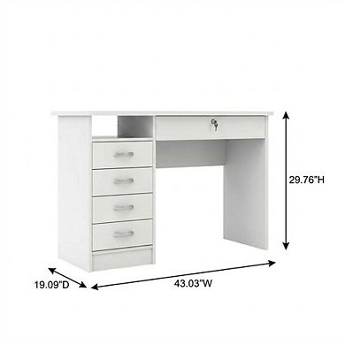 Elegant White Computer Desk Featuring Five Drawers and Open Shelf Design
