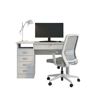 Elegant White Computer Desk Featuring Five Drawers and Open Shelf Design