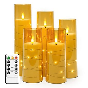 LED Candles with Timer 5 Pack Flickering Flameless Pillar Candles Embedded String Lights for Decor