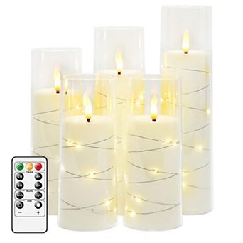 LED Candles with Timer 5 Pack Flickering Flameless Pillar Candles Embedded String Lights for Decor