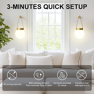Battery Operated Wall Sconces Set of 2 with Remote Control, Rechargeable Wireless Globe Lights