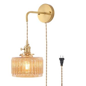 Vintage Wall Sconce Plug In Cord Adjustable Chain Rotary Switch Brass Finish Glass Shade Indoor
