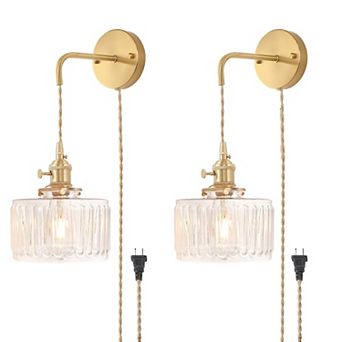 Vintage Wall Sconce Plug In Cord Adjustable Chain Rotary Switch Brass Finish Glass Shade Indoor