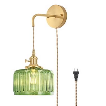 Vintage Wall Sconce Plug In Cord Adjustable Chain Rotary Switch Brass Finish Glass Shade Indoor