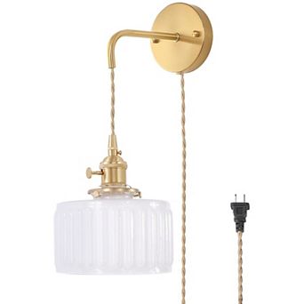 Vintage Wall Sconce Plug In Cord Adjustable Chain Rotary Switch Brass Finish Glass Shade Indoor