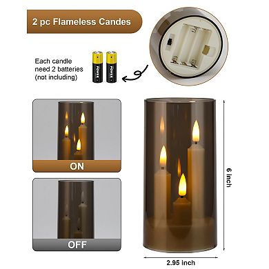 2 Pc LED 3-in-1 Taper Candles with Remote Timer 2.95" x 6" Flickering Battery Operated Pillar Lights