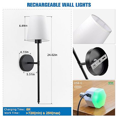 Rechargeable Wall Sconce Set of 2 Wireless Dimmable LED Lights with Remote Control 9 Colors