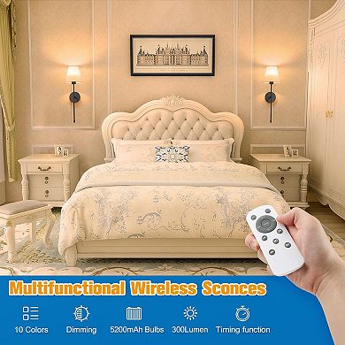 Rechargeable Wall Sconce Set of 2 Wireless Dimmable LED Lights with Remote Control 9 Colors