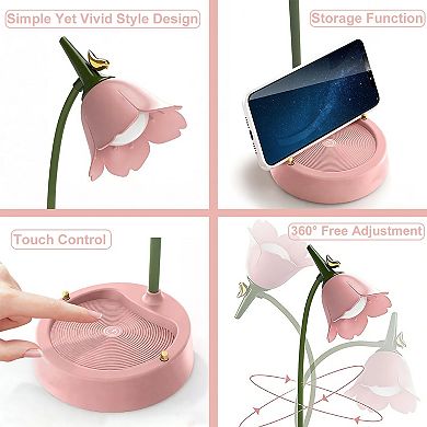 LED Desk Lamp Cordless Rechargeable Touch Dimmable Eye-Caring Adjustable Gooseneck Flower Design