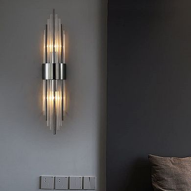 2-Light Modern Wall Sconce Titanium Metal Clear Glass Crystal Vanity Lighting Bedroom Bathroom