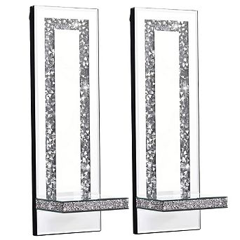 Crystal Crush Mirrored Candle Sconces Wall Holder Set of 2 Rectangle Stripe Art Deco Decor