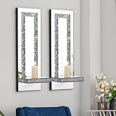 Crystal Crush Mirrored Candle Sconces Wall Holder Set of 2 Rectangle Stripe Art Deco Decor