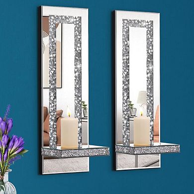Crystal Crush Mirrored Candle Sconces Wall Holder Set of 2 Rectangle Stripe Art Deco Decor