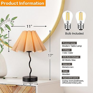 Pleated Table Lamp Bedroom Bedside Nightstand Linen Lampshade Modern Home Office Decor