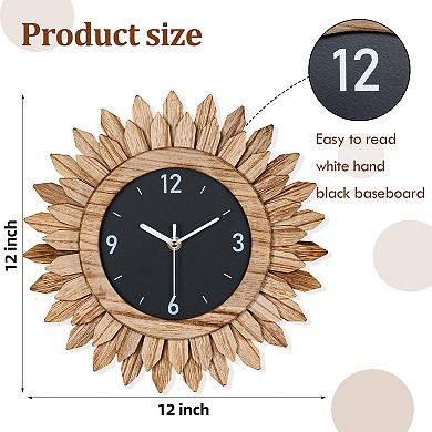 12 Inch Rustic Wood Wall Clock Silent Non-Ticking Boho Sunburst Decorative Farmhouse Clock