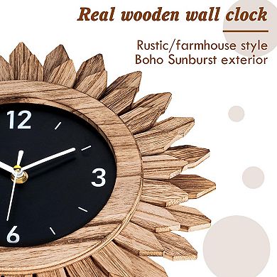 12 Inch Rustic Wood Wall Clock Silent Non-Ticking Boho Sunburst Decorative Farmhouse Clock