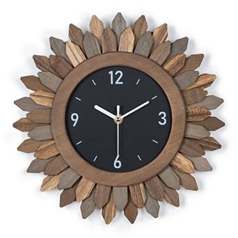 12 Inch Rustic Wood Wall Clock Silent Non-Ticking Boho Sunburst Decorative Farmhouse Clock
