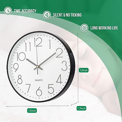 Wall Clock 12 Inch Silent Non-Ticking Quartz Modern Simple Round 3D Dial for Home Office Bedroom